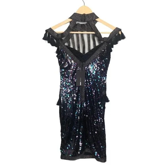 NWT Fashion Nova Black Sequin Iridescent Aurora Skies Mini Dress | Size M